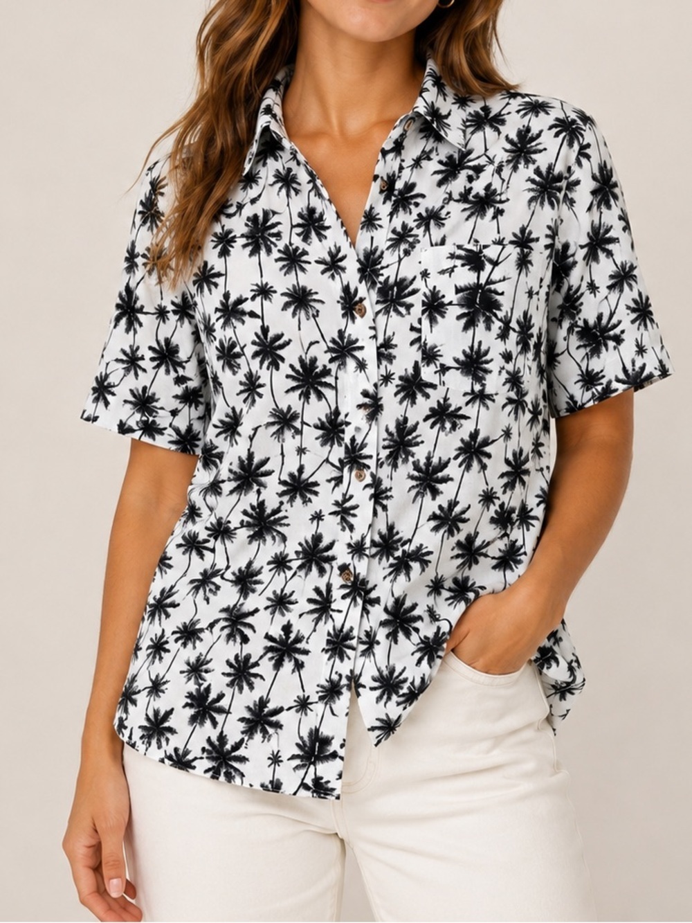 Love Notes Tropical Palm Trees Button-Up Shirt- Size L
